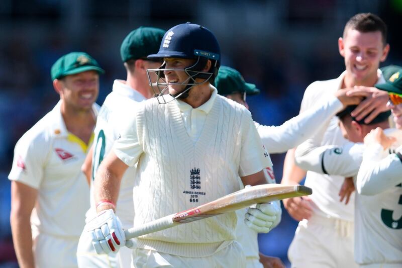 Joe Root 0. Trapped leg before second ball to Hazlewood. AFP