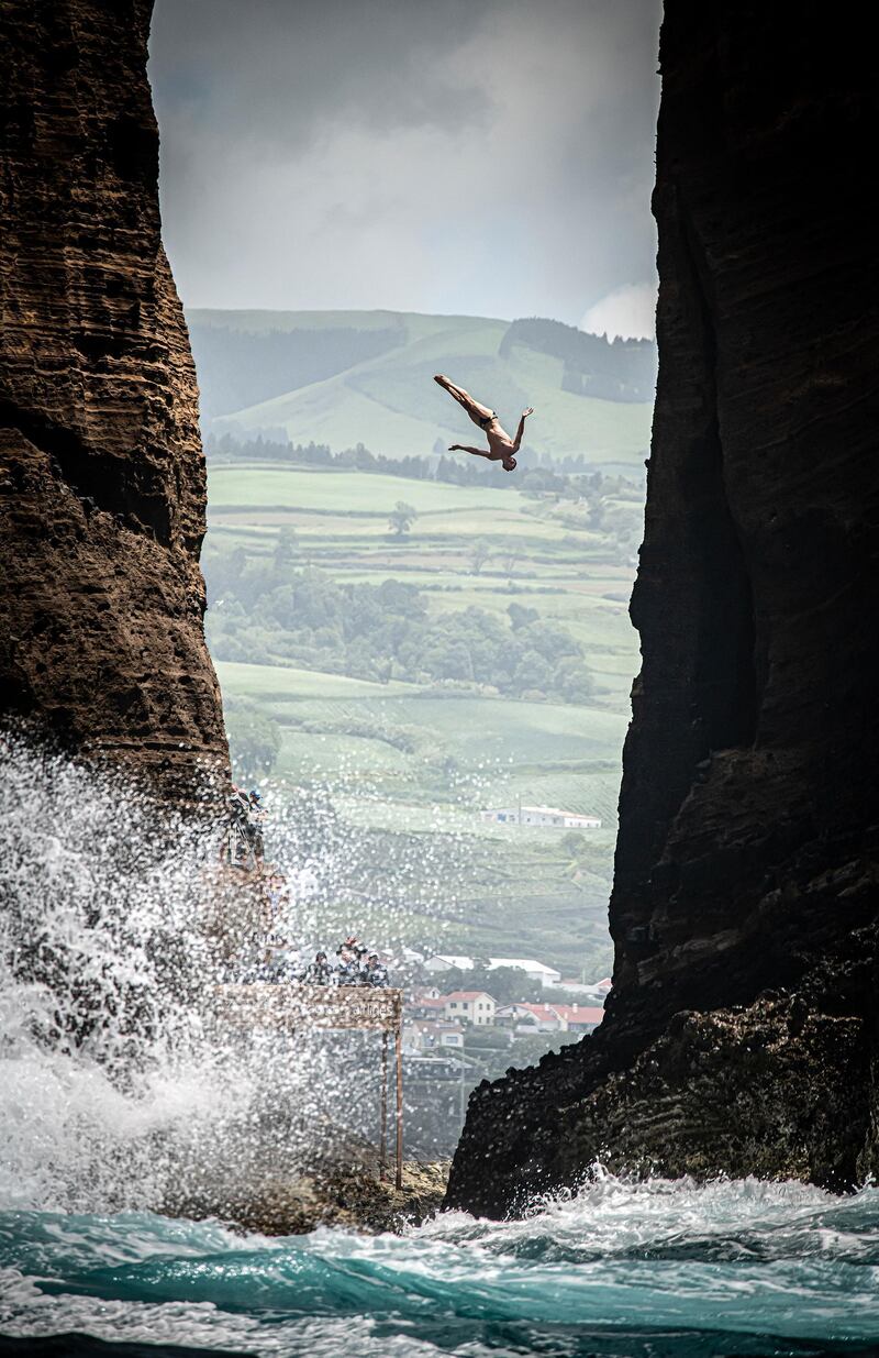 Michal Navratil of the Czech Republic dives from the 27-metre platform at Islet Vila Franca do Campo during the final competition day of the fourth stop of the Red Bull Cliff Diving World Series at Sao Miguel, Azores, Portugal.  Getty