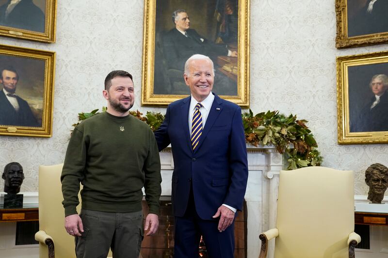 Mr Biden and Mr Zelenskyy in the Oval Office on Wednesday. AP