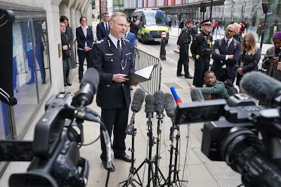 Matt Jukes, Assistant Commissioner of the Metropolitan Police, reads the Amess family statement outside the Old Bailey. PA