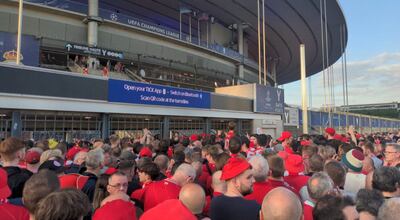 Huge lines of Liverpool fans waiting to get inside the Stade de France. Photo: Andy Mitten

