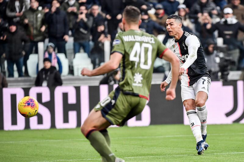 Juventus' Cristiano Ronaldo scores his side's first goal. AP