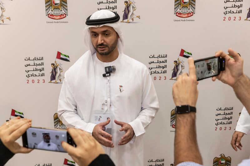 Issa Saif bin Handal, chairman of the Sharjah Committee of the 2023 Federal National Council, at the Sharjah polling station. Antonie Robertson / The National