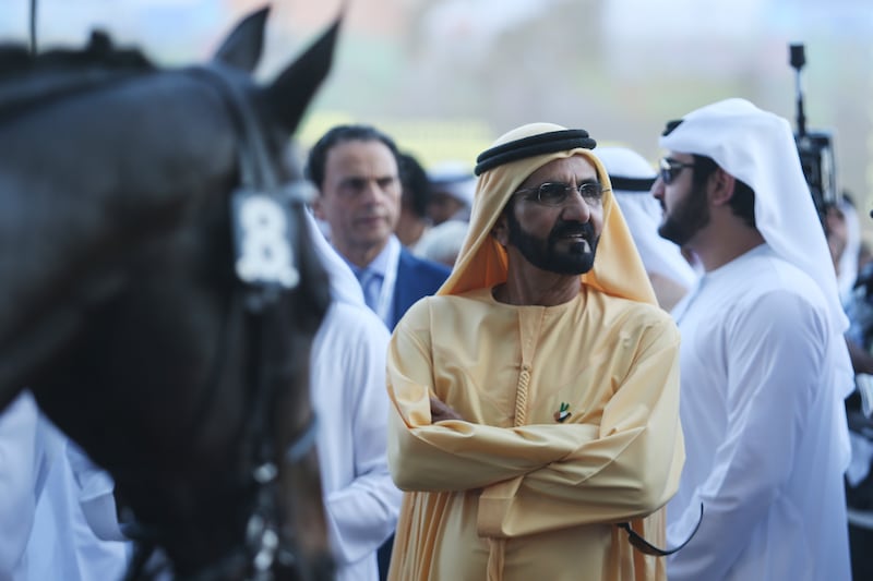 Sheikh Mohammed bin Rashid inspects horses ahead of the 2015 Dubai World Cup. Sarah Dea/The National