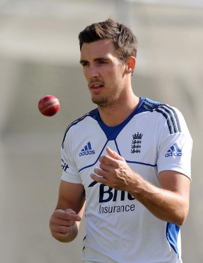 England's Steve Finn bowls during a practice session at the Dunedin University Oval in New Zealand.