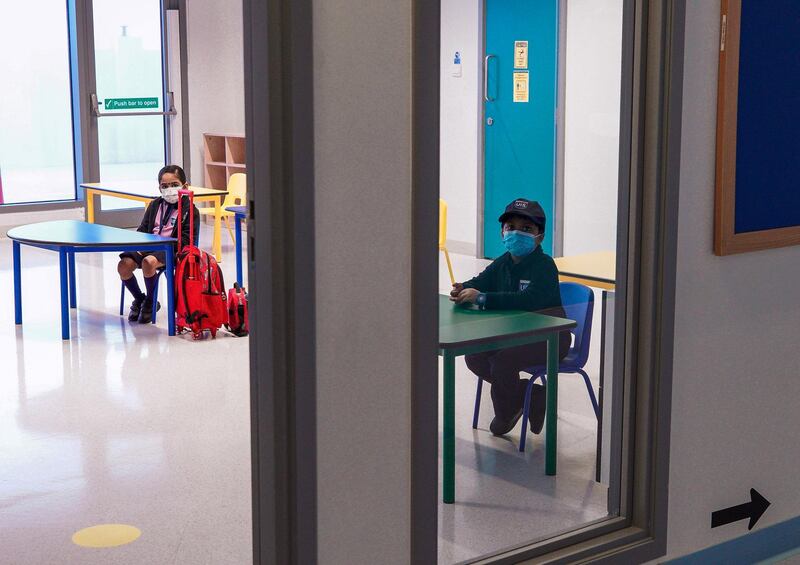 Abu Dhabi, United Arab Emirates, February 14, 2021. Pupils return to Abu Dhabi's private schools. GEMS United Indian School – Abu Dhabi.   Socially distanced seating.
Victor Besa/The National
Section: NA
Reporter:  Anam Rizvi