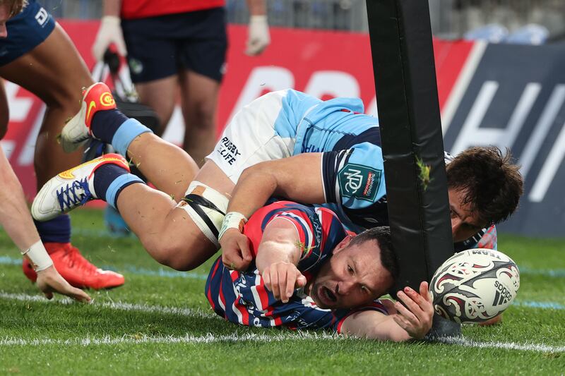 Tasman's Tom Marshall of Tasman loses the ball over the try line during the Bunnings NPC match against Northland at Semenoff Stadium in Whangarei, New Zealand, on Saturday September 18. Getty