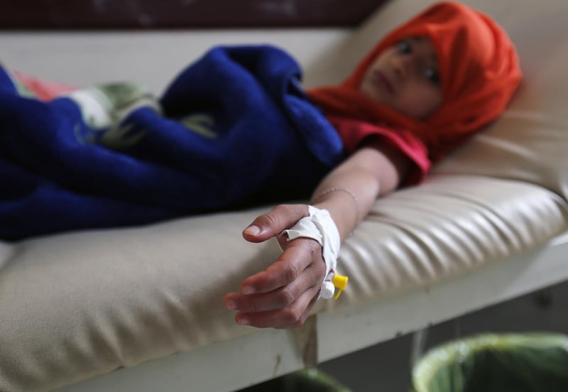 epa07508599 A cholera-infected child receives treatment at a cholera treatment center amid a cyclone cholera outbreak, in Sanaâ€™a, Yemen, 15 April 2019. According to reports, the World Health Organization (WHO) has recorded nearly 300 deaths of cholera in Yemen and roughly 150,000  infections accompanied with acute diarrhea since the beginning of 2019. Most of the cases were reported in March with 195 deaths.  EPA/YAHYA ARHAB