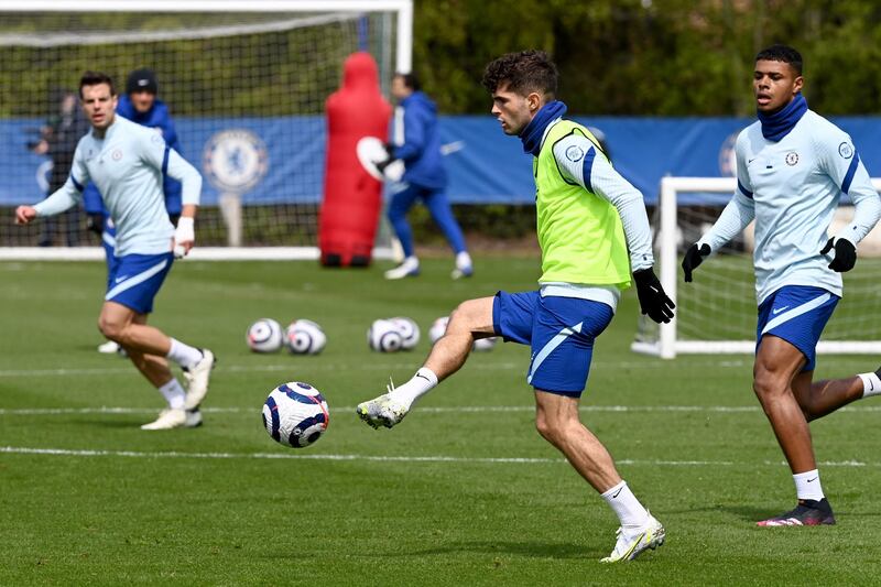 COBHAM, ENGLAND - APRIL 30:  Christian Pulisic of Chelsea during a training session at Chelsea Training Ground on April 30, 2021 in Cobham, England. (Photo by Darren Walsh/Chelsea FC via Getty Images)