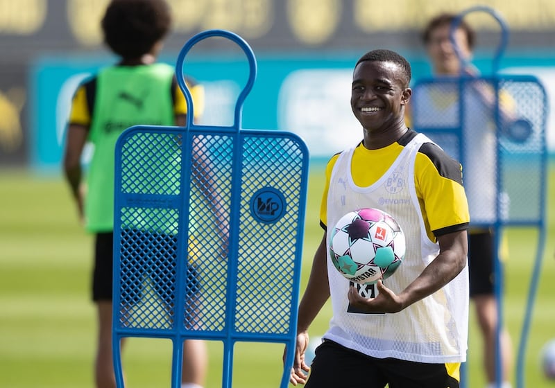 Borussia Dortmund's 15-year old wonderkid Youssoufa Moukoko during the first training session after the summer break on Monday. Getty