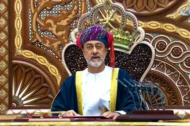Sultan Haitham bin Tariq makes his first speech in front of the Royal Family Council in Muscat. AP
