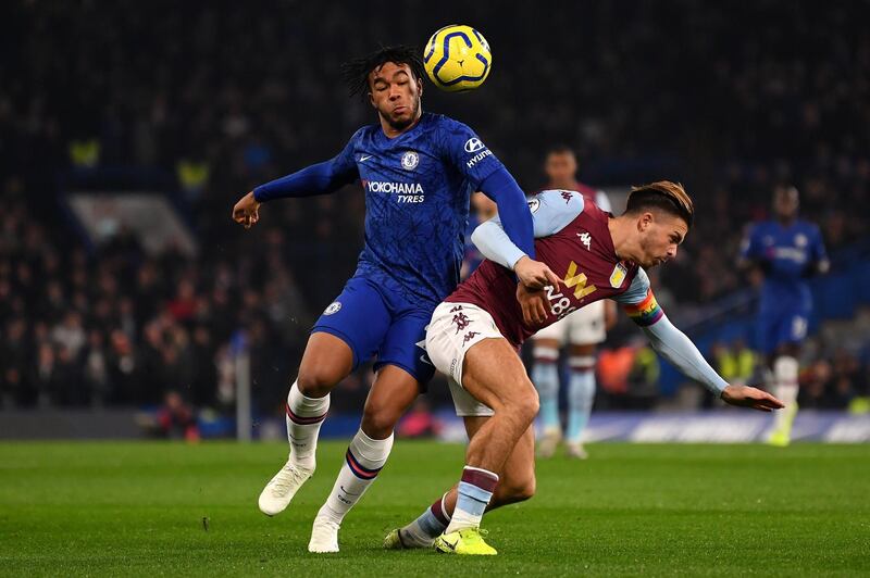 Chelsea defender Reece James tussles for the ball with Aston Villa's Jack Grealish. Getty Images