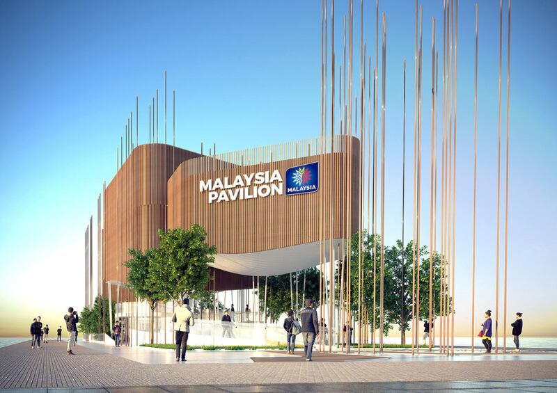 The wooden poles at the Malaysia pavilion represent the trees of the rainforest and  will be lit up at night to represent the fireflies in mangroves found in certain areas of the country.  Courtesy: Malaysia Pavilion EXPO 2020 Dubai