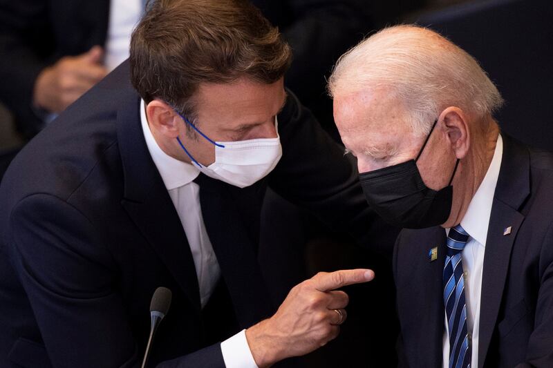 US President Joe Biden and French President Emmanuel Macron seen together on June 14, 2021. AP