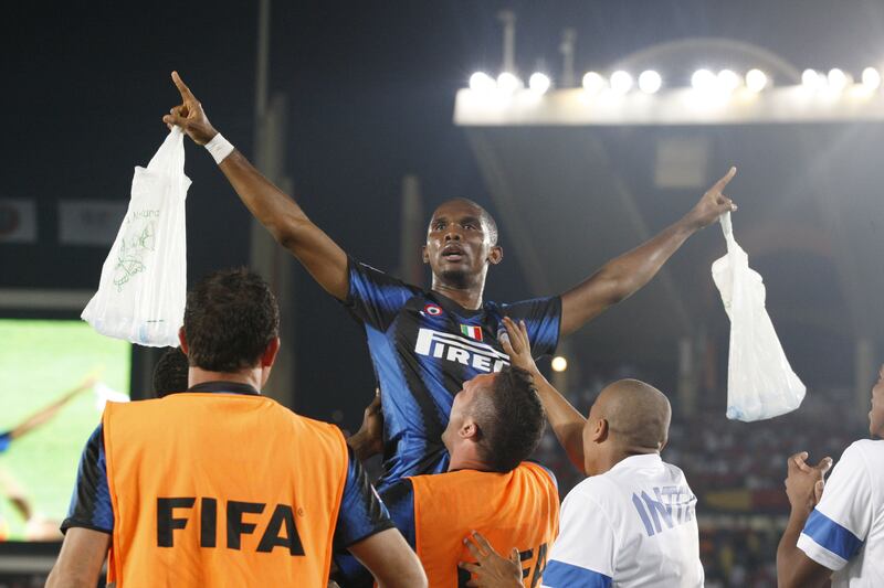 Samuel Eto'o celebrates after scoring Inter Milan's second goal. Action Images