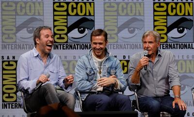 Director of the movie Denis Villeneuve (L) and cast members Ryan Gosling (C) and Harrison Ford participate in a panel for "Blade Runner 2049" during the 2017 Comic-Con International Convention in San Diego, California, U.S., July 22, 2017.   REUTERS/Mario Anzuoni