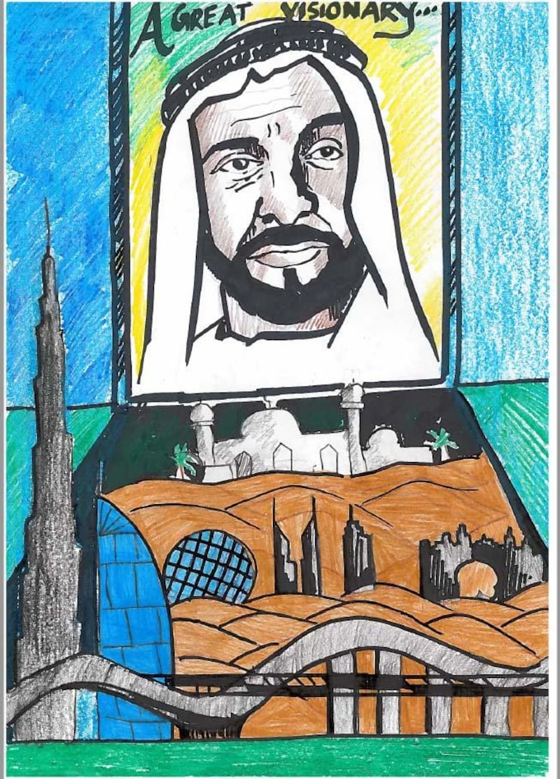 Sai Sahana Manikandan, Indian, ‚ÄúZayed, A True Leader‚Äù H.H. Sheikh Zayed Bin Sultan Al Nahyan is a true leader and great visionary who had left behind good moral values. He is the wise man of the Arabs. (Grade 4, GEMS United Indian School,Abu Dhabi)
