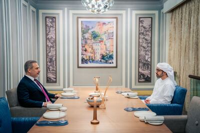 Sheikh Abdullah bin Zayed, Minister of Foreign Affairs, at a working dinner with Turkish Foreign Minister Hakan Fidan. Photo: Wam
