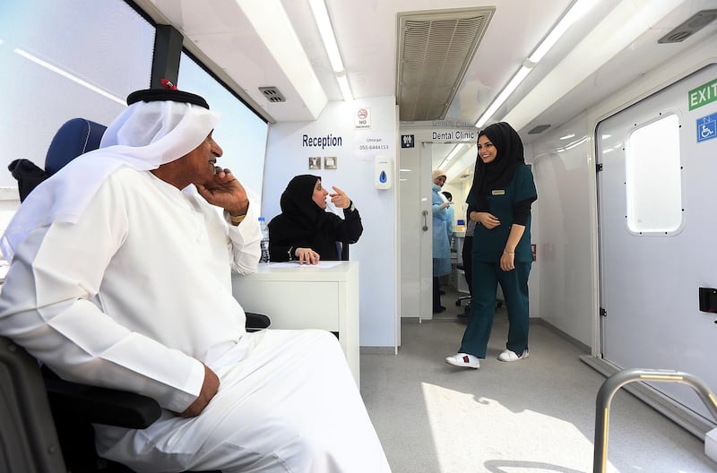 Ajman, October, 21, 2018:  An elderly Emirati waits for his  free checkup done at the new Ajman University's mobile dental clinic in Ajman. Satish Kumar for the National/ Story by Ruba Haza