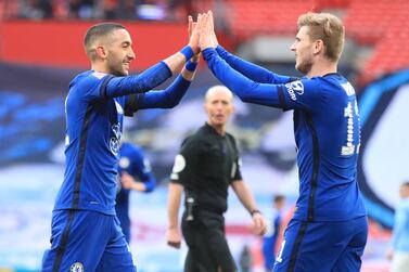 epa09142078 Hakim Ziyech (L) of Chelsea celebrates after scoring with teammate Timo Werner during the English FA Cup semi final soccer match between Chelsea FC and Manchester City in London, Britain, 17 April 2021. EPA/Adam Davy / POOL EDITORIAL USE ONLY. No use with unauthorized audio, video, data, fixture lists, club/league logos or 'live' services. Online in-match use limited to 120 images, no video emulation. No use in betting, games or single club/league/player publications.