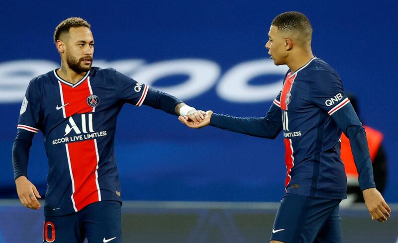 Paris Saint Germain's Kylian Mbappe celebrates with teammate Neymar. EPA