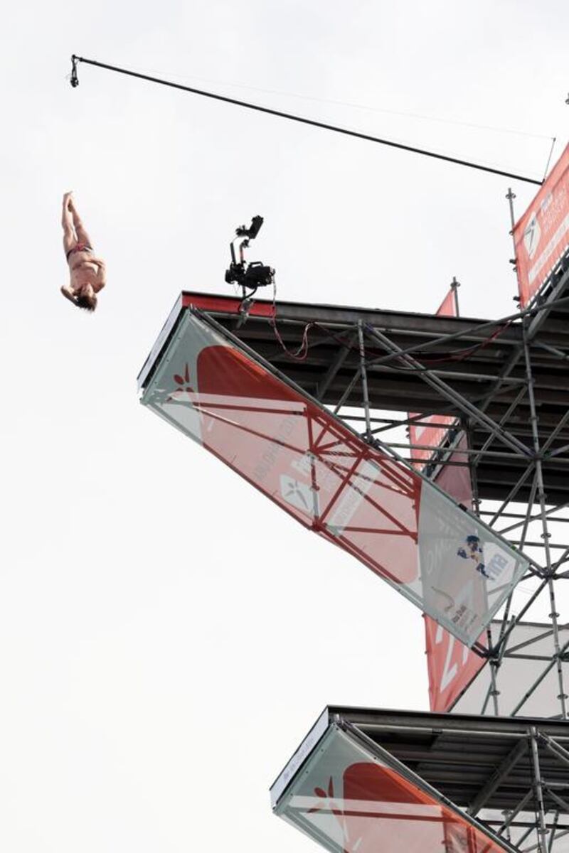 Gary Hunt of the UK competes on his way to winning the Fina High Diving World Cup on the breakwater along the Corniche in Abu Dhabi on February 29, 2016. Christopher Pike / The National