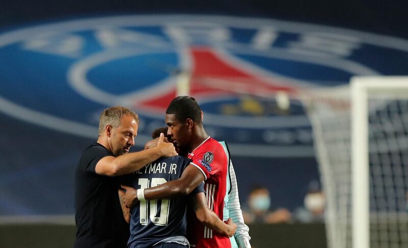 Bayern coach Hansi Flick, left, and David Alaba, right, comfort PSG's Neymar. AP