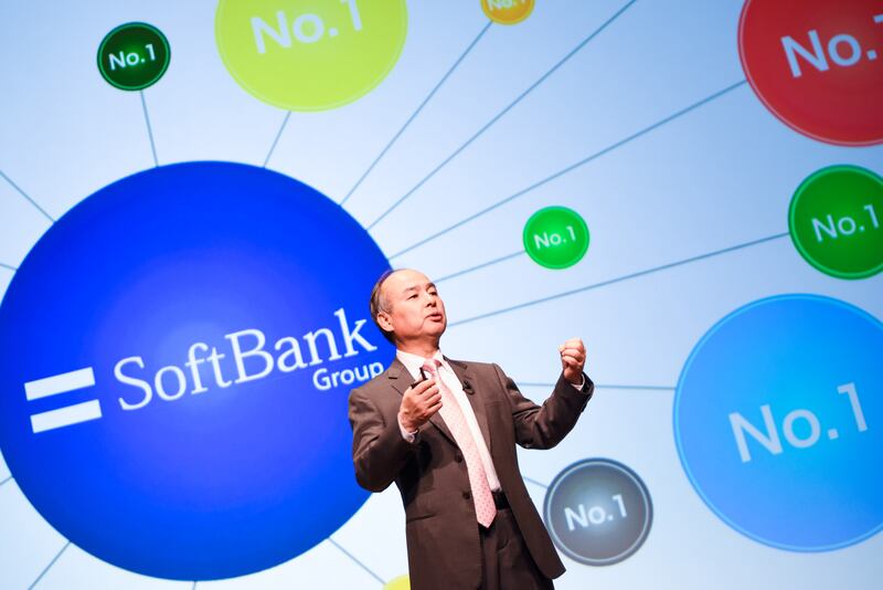 Masayoshi Son, chairman and chief executive officer of SoftBank Group Corp., gestures while speaking during a news conference in Tokyo, Japan, on Wednesday, May 9, 2018. SoftBank Group Corp.’s fourth-quarter profit topped analysts’ projections, thanks to Sprint Corp.’s first annual net income in more than a decade. The U.S. wireless subsidiary is planning to merge with rival T-Mobile US Inc. Photographer: Noriko Hayashi/Bloomberg