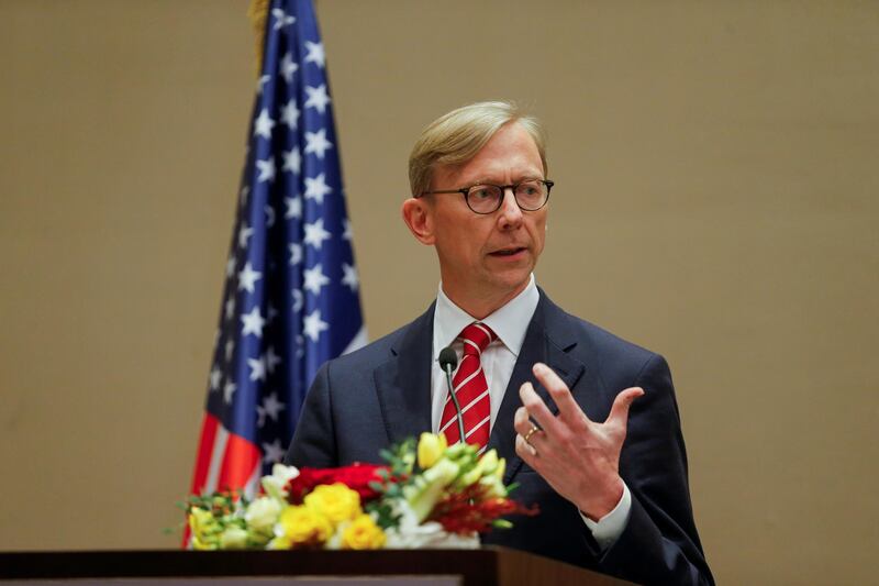 FILE PHOTO: U.S. Special Representative for Iran Brian Hook speaks during a joint news conference with Bahrain Foreign Minister, Dr. Abdullatif bin Rashid Al Zayani (not pictured), in Manama, Bahrain June 29, 2020. REUTERS/Hamad l Mohammed/File Photo