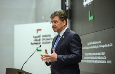 Abu Dhabi, United Arab Emirates - Miroslav Lajcak, President of the 72nd Session of the United Nations General Assembly on the role for multilateral diplomacy at the Emirates Diplomatic Academy on January 14, 2018. (Khushnum Bhandari/ The National)