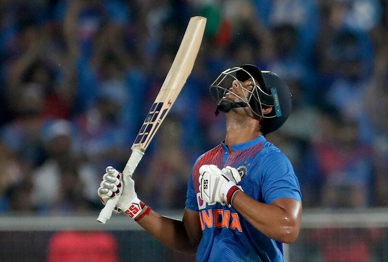 India's Shivam Dube celebrates scoring his half-century against the West Indies. AP