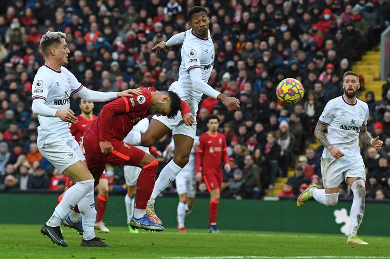 Alex Oxlade-Chamberlain heads the ball to score Liverpool's second goal. AFP