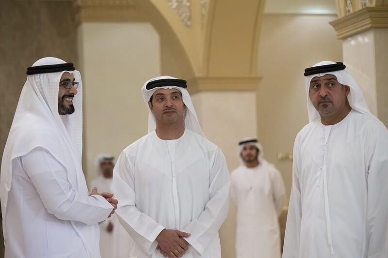 (From left) Sheikh Khaled bin Mohammed bin Zayed, Sheikh Hazza bin Zayed, National Security Advisor and Vice Chairman of the Abu Dhabi Executive Council, and Dr Sheikh Sultan bin Khalifa Al Nahyan, Advisor to the President, at the reception. Donald Weber / Crown Prince Court - Abu Dhabi