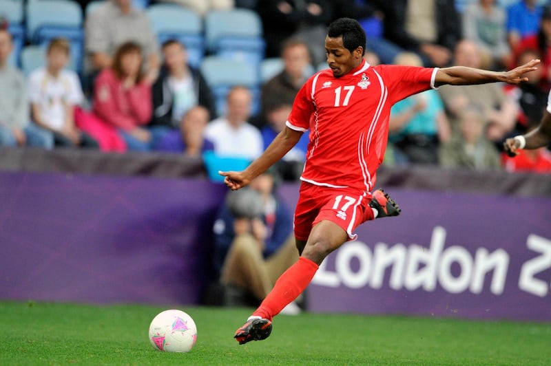 COVENTRY, UNITED KINGDOM - AUGUST 1:  Mohamed Fawzi of United Arab Emirates kick the ball during the Men's Football first round Group A Match between Senegal and United Arab Emirates, on Day 5 of the London 2012 Olympic Games at City of Coventry Stadium on August 1, 2012 in Coventry, England.  (Photo by Francis Bompard/Getty Images)