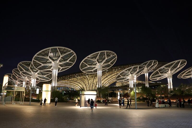 An evening view of the sustainability pavilion at the Expo 2020 site in Dubai.
