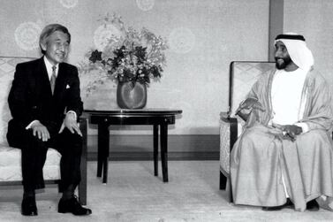 Sheikh Zayed, the Founding Father, and Emperor Akihito talk during their meeting at the Imperial Palace on May 13, 1990 in Tokyo, Japan. Getty Images