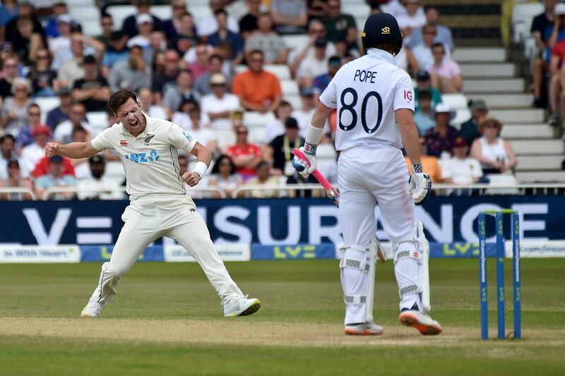 New Zealand  bowler Matt Henry celebrates the dismissal of England's Ollie Pope for 18. AP