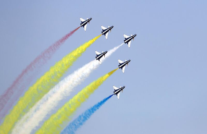 Dubai, United Arab Emirates - November 14th, 2017: August 1st display team at the Dubai airshow. Tuesday, November 14th, 2017 at Al Maktoum Airport, Dubai. Chris Whiteoak / The National