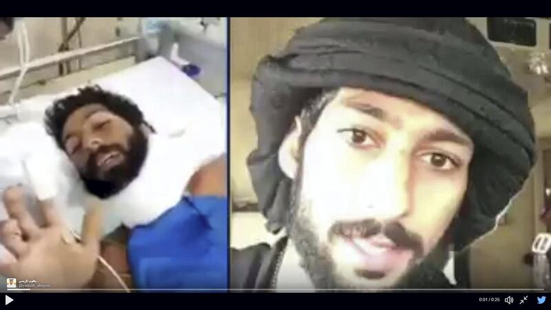 A screen grab from a video posted to Twitter shows Rashid Al Balushi thanking Emiratis for their support after he was injured in a helicopter crash in Yemen.