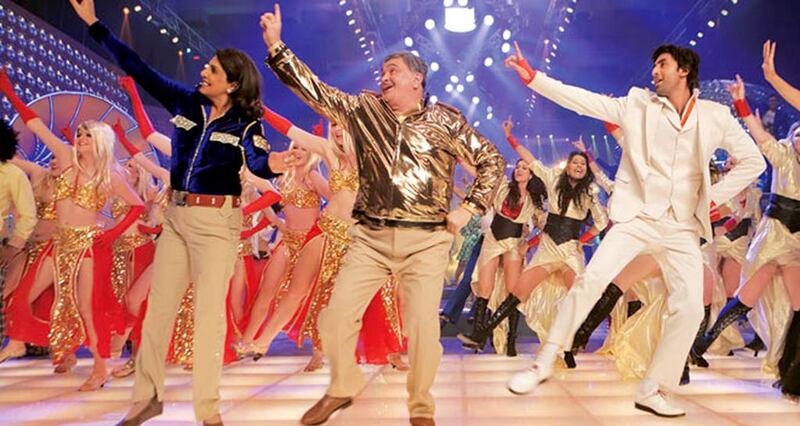 From left, Neetu Singh, Rishi Kapoor and Ranbir Kapoor in the closing dance number from Besharam. Courtesy Movie Temple Productions