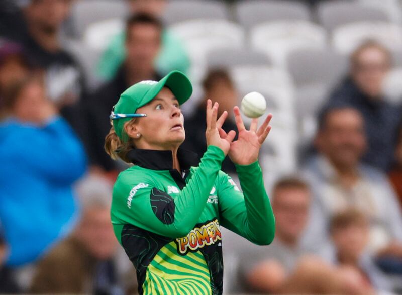 Southern Brave's Danni Wyatt takes a catch to dismiss Fran Wilson of the Oval Invincibles during The Hundred Final at Lord's in London, on Saturday, August 21. The Invincibles won the game by 48 runs. Reuters