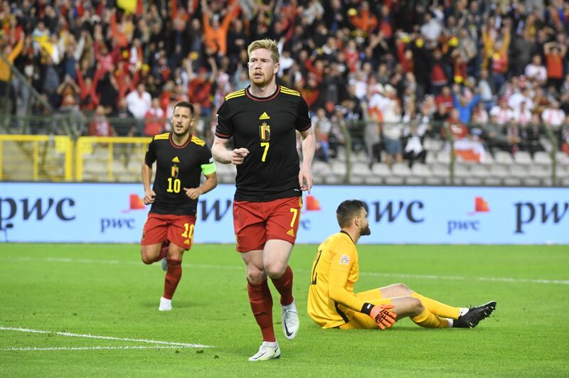 Kevin De Bruyne begins to celebrate after scoring for Belgium against Poland the Nations League match in Brussels, Belgium, June 8 2022. EPA