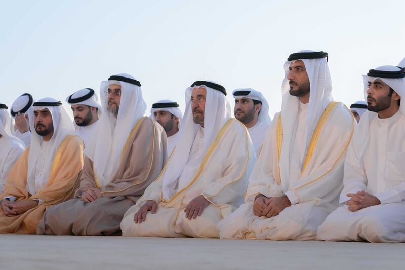 Sheikh Dr Sultan bin Muhammad Al Qasimi, Ruler of Sharjah, performs Eid prayers in the emirate. Wam