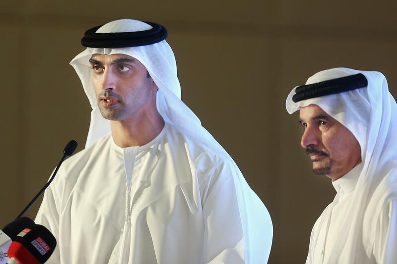 HE Mohamed Ebraheem Al Mahmood, Vice President of the General Authority for Youth and Sports Welfare and Chairman and Managing Director of Abu Dhabi Media, left, and Saeed Hareb, secretary general of the Dubai Sports Council. Delores Johnson / The National