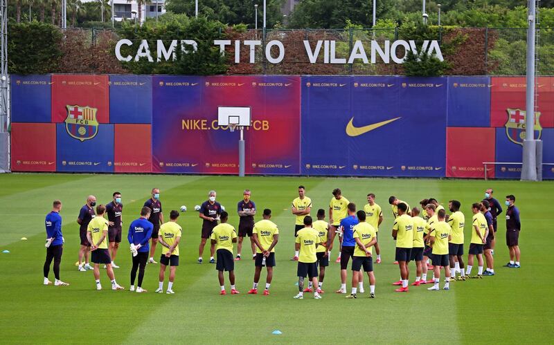 Barcelona players during a training session at Joan Gamper sports city. EPA