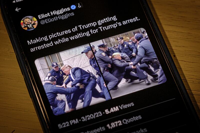 Images created with the use of AI show a fictitious skirmish between former US president Donald Trump and New York City police officers on March 23 last year. The highly detailed images, which are not real, were produced using a sophisticated and widely accessible image generator. AP
