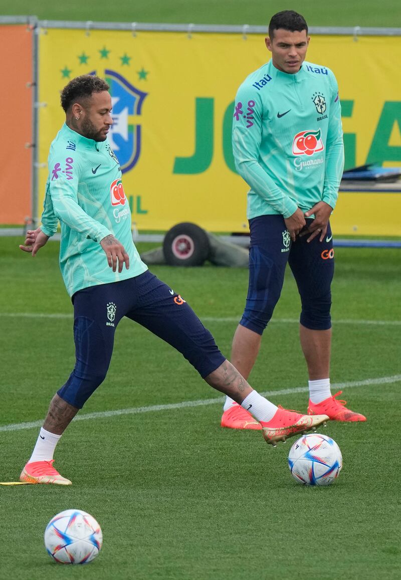 Neymar controls the ball during the training session. AP