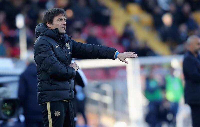 LECCE, ITALY - JANUARY 19:  Head coach of Inter Antonio Conte gestures during the Serie A match between US Lecce and  FC Internazionale at Stadio Via del Mare on January 19, 2020 in Lecce, Italy.  (Photo by Maurizio Lagana/Getty Images)