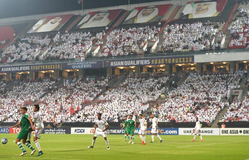 Walid Abbas of UAE and Ahmed Yasin of Iraq in action during the 2018 World Cup qualifier at Mohammed bin Zayed Stadium on November 15, 2016 in Abu Dhabi, United Arab Emirates. Tom Dulat/Getty Images