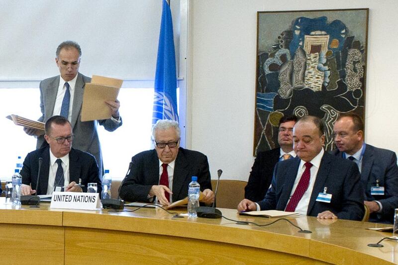 The UN-Arab League envoy to Syria, Lakhdar Brahimi, (centre left) met a range of senior diplomats in Geneva in a fresh push for an international conference aimed at ending the Syrian conflict. UN via AFP



